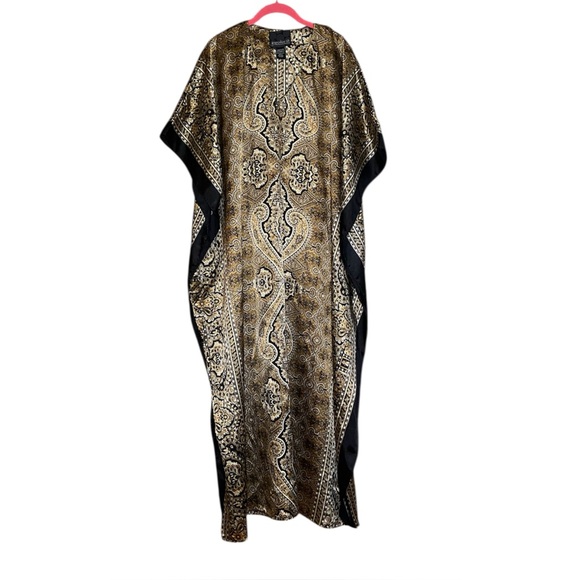 generation 524 Dresses & Skirts - Boho Black Gold Long Maxi Kaftan Paisley One Size Silky Bohemian Statement Piece